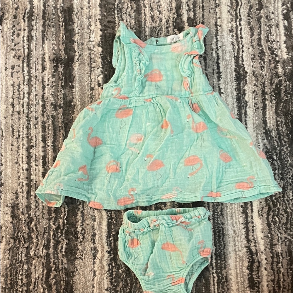 Angel Dear Mint Dress and Bloomers with Pink Flamingo Print